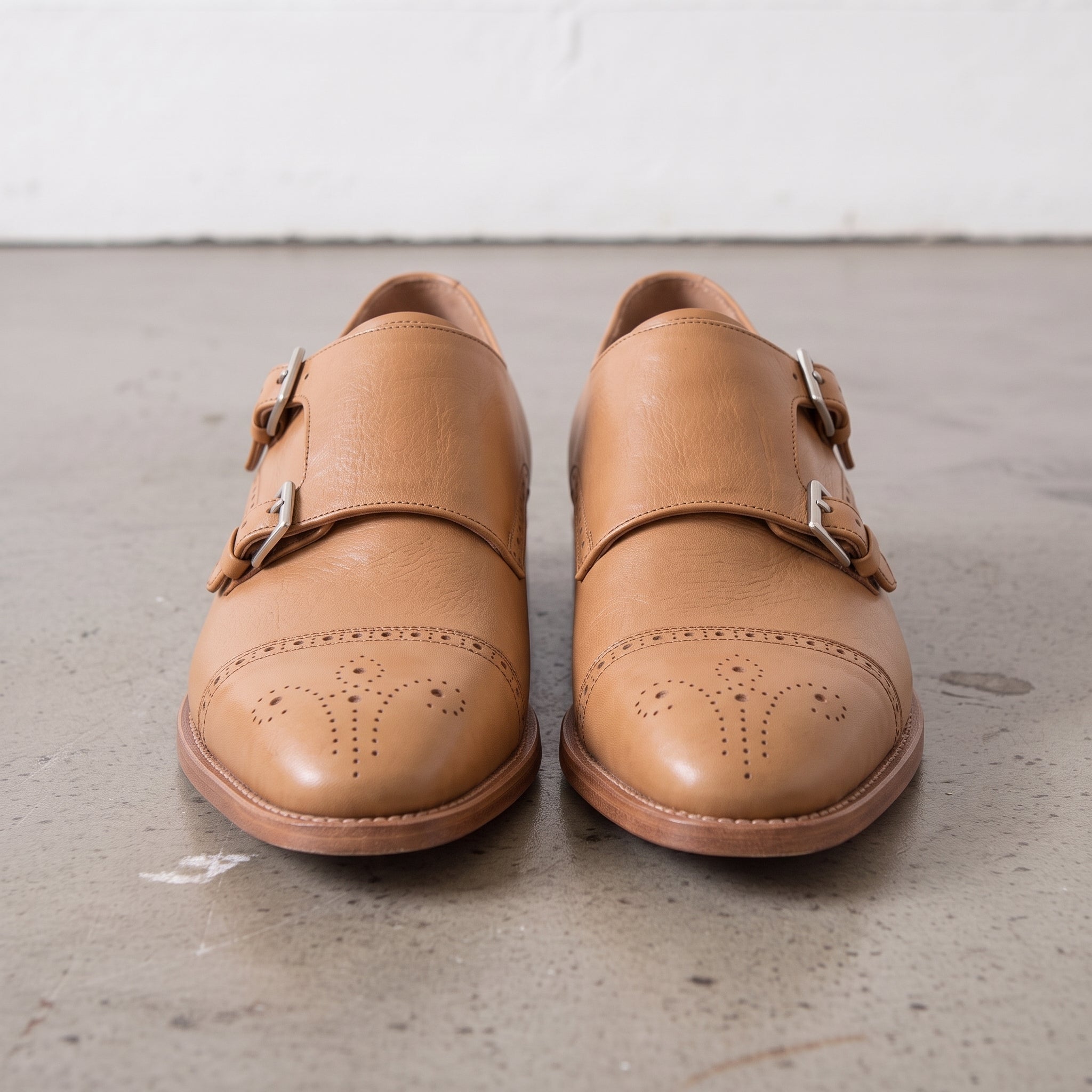 Men's Tan Cap-Toe Leather Double Monk Strap Shoes — Hitchley