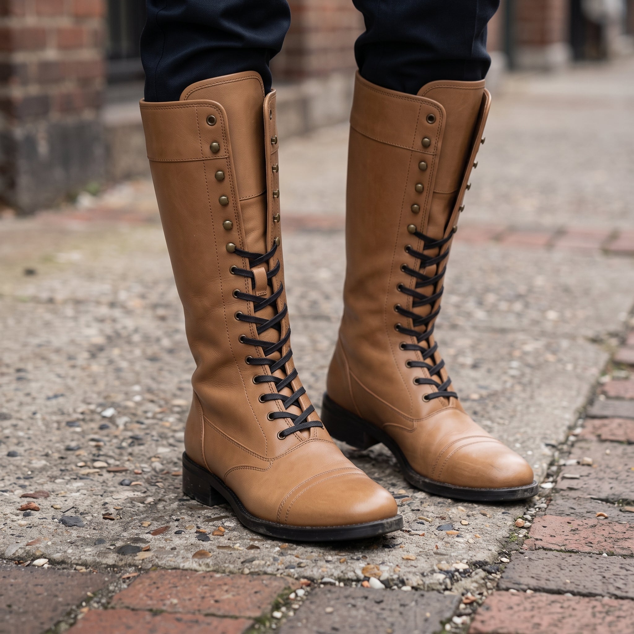 Men's Tan Cap-Toe Leather Knee-High Biker Boots — Beckham