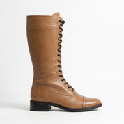 Men's Tan Cap-Toe Leather Knee-High Biker Boots — Beckham