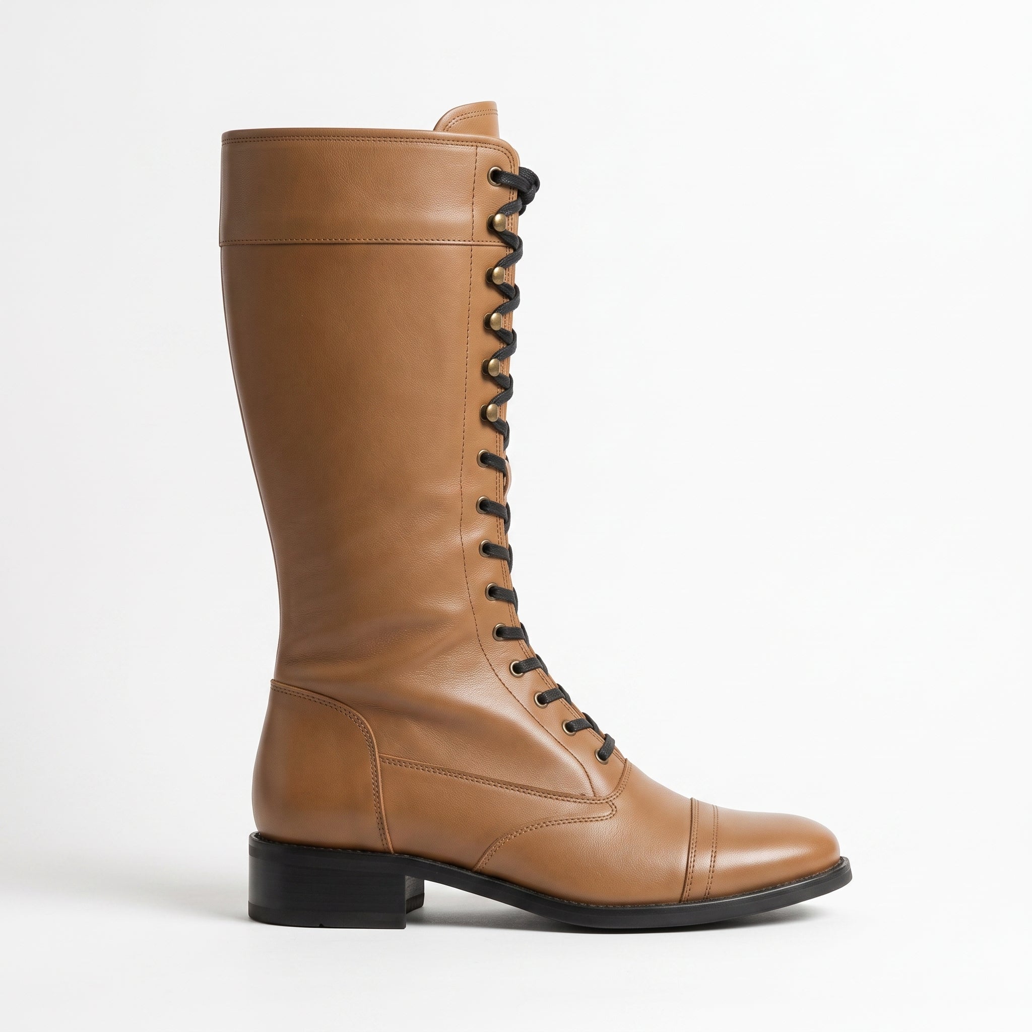 Men's Tan Cap-Toe Leather Knee-High Biker Boots — Beckham