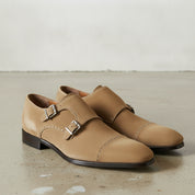 Men's Tan Cap-Toe Suede Double Monk Strap Shoes — Awbridge