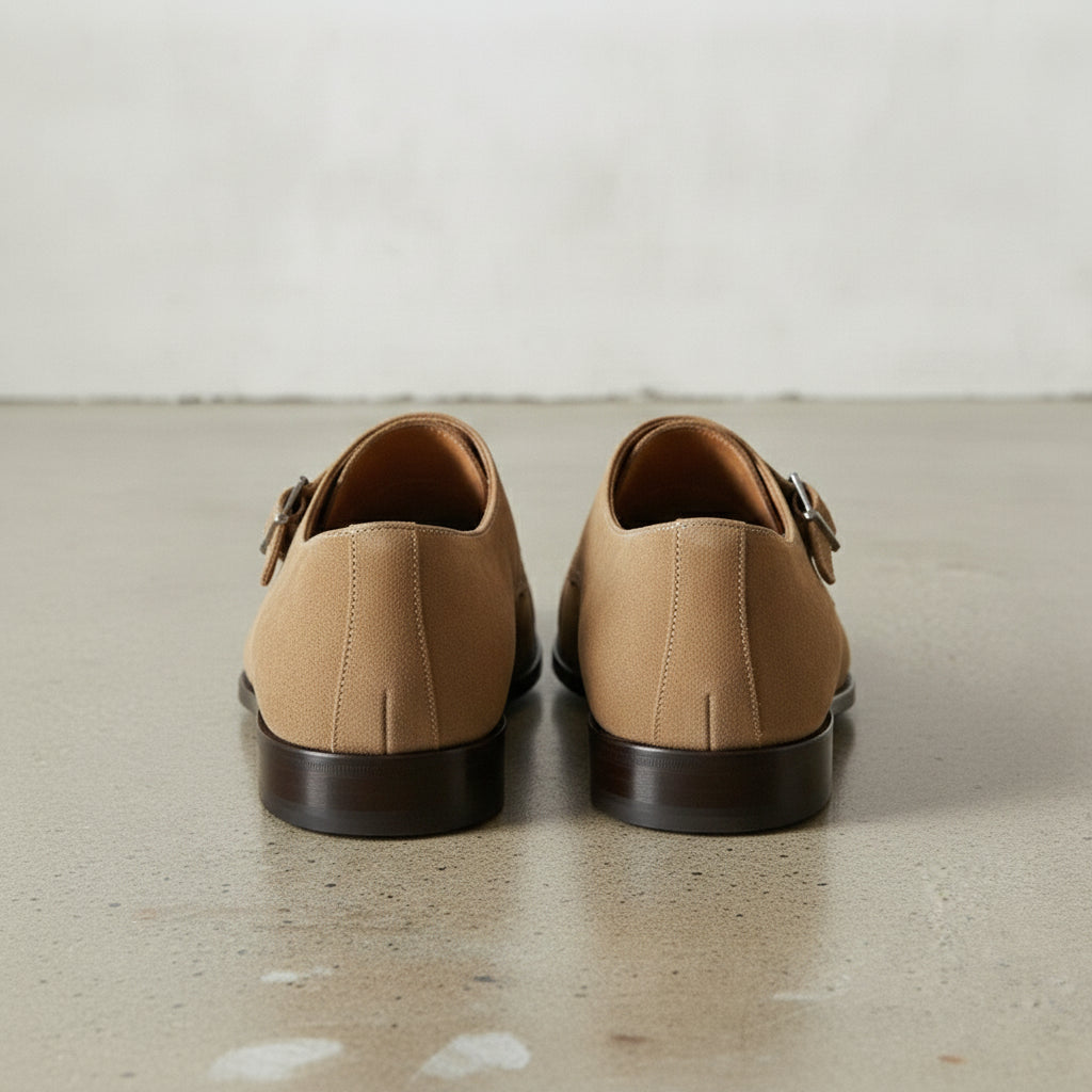 Men's Tan Cap-Toe Suede Double Monk Strap Shoes — Awbridge
