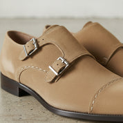 Men's Tan Cap-Toe Suede Double Monk Strap Shoes — Awbridge