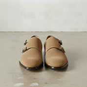 Men's Tan Cap-Toe Suede Double Monk Strap Shoes — Awbridge