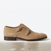 Men's Tan Cap-Toe Suede Double Monk Strap Shoes — Awbridge