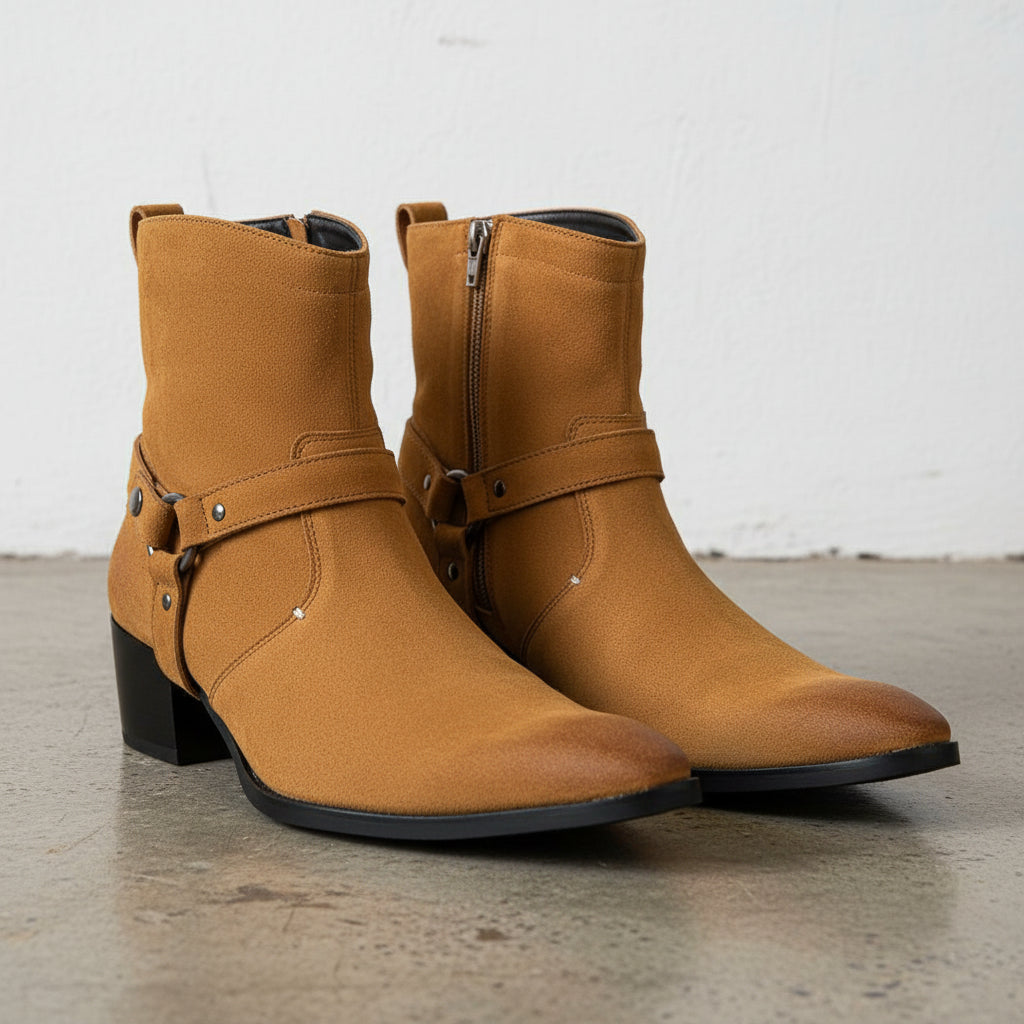 Mens Tan Color Suede Size Zipper Boots, Mens Fashion Ankle Style Boots - angle-view-showing-depth