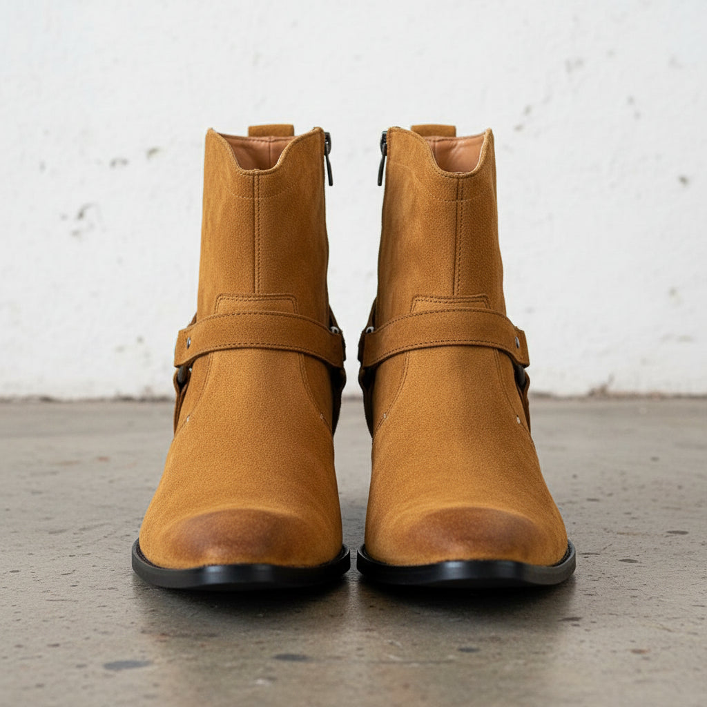 Mens Tan Color Suede Size Zipper Boots, Mens Fashion Ankle Style Boots - front-view