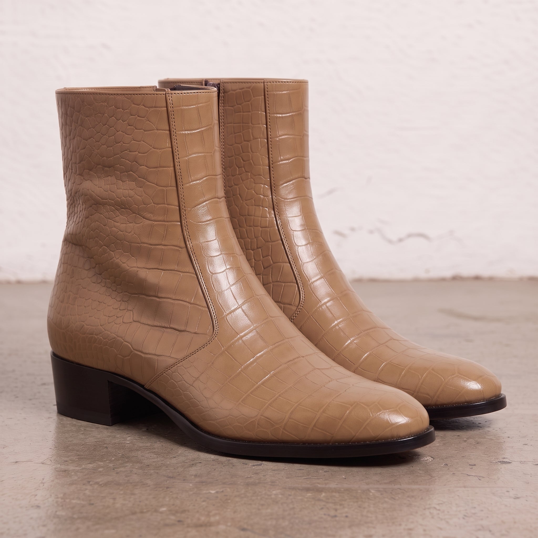 Men's Tan Crocodile-Embossed Leather Ankle Boots — Claydon