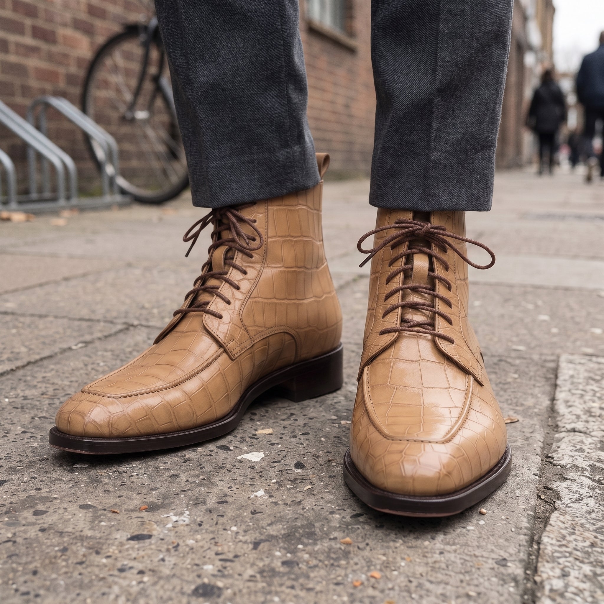 Men's Tan Crocodile-Embossed Leather Ankle Boots — Elbury