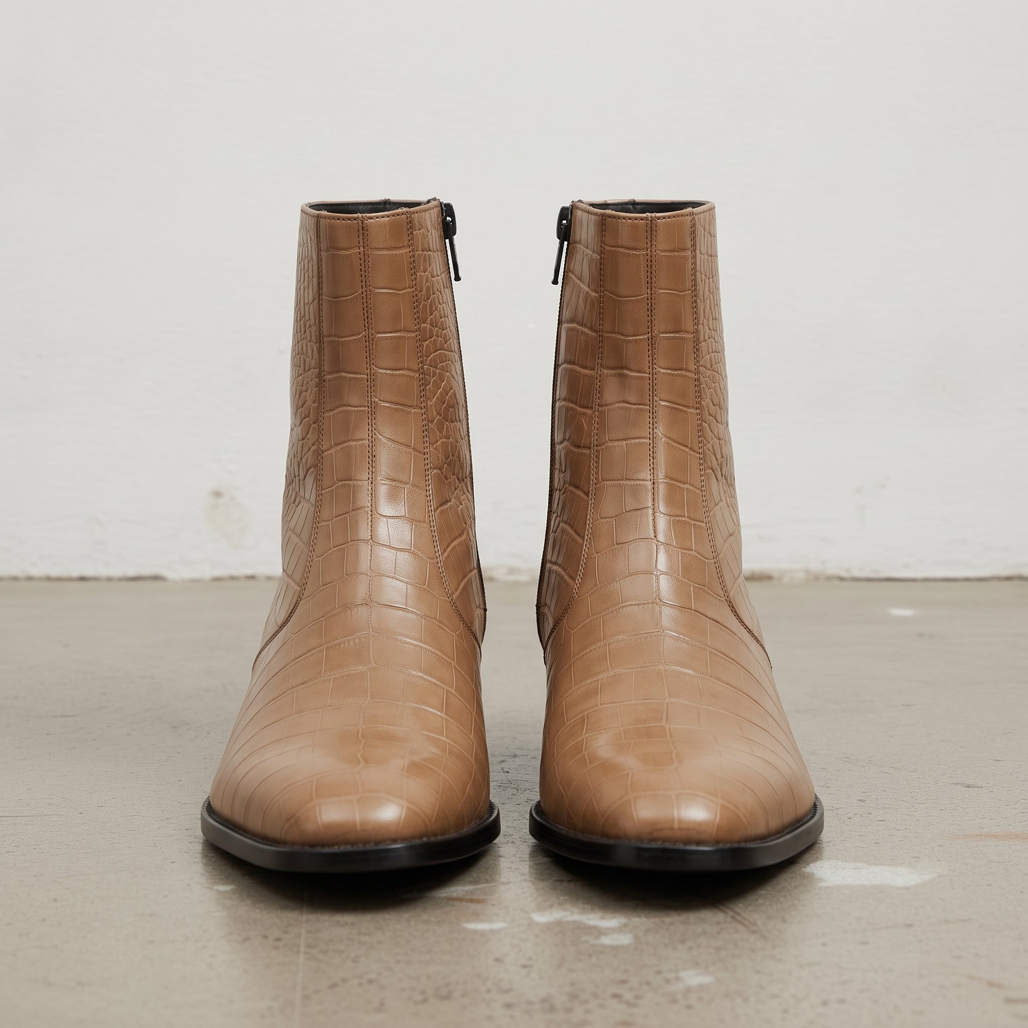 Men's Tan Crocodile-Embossed Leather Ankle Boots — Hindon