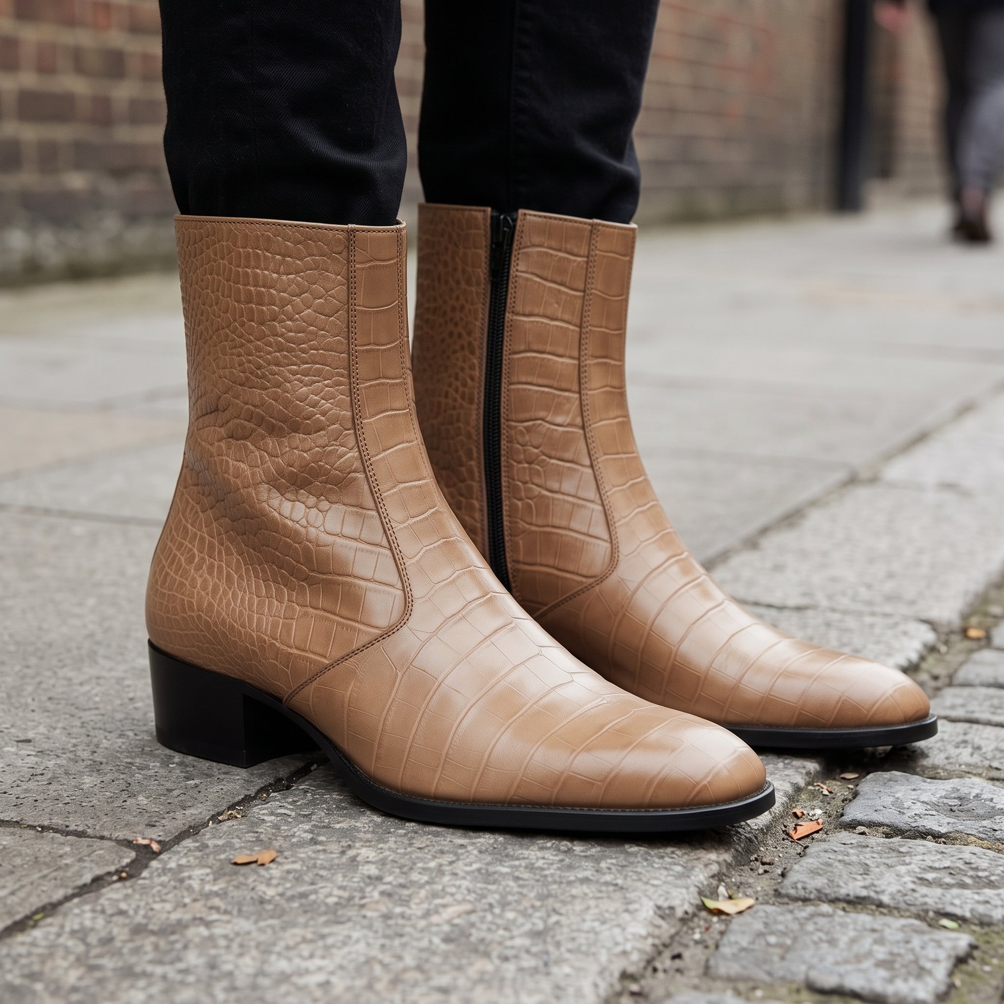 Men's Tan Crocodile-Embossed Leather Ankle Boots — Hindon