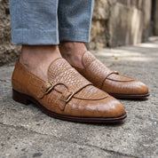 Men's Tan Crocodile-Embossed Leather Double Monk Shoes — Bowman