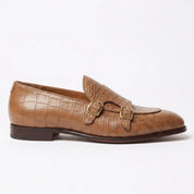 Men's Tan Crocodile-Embossed Leather Double Monk Shoes — Bowman