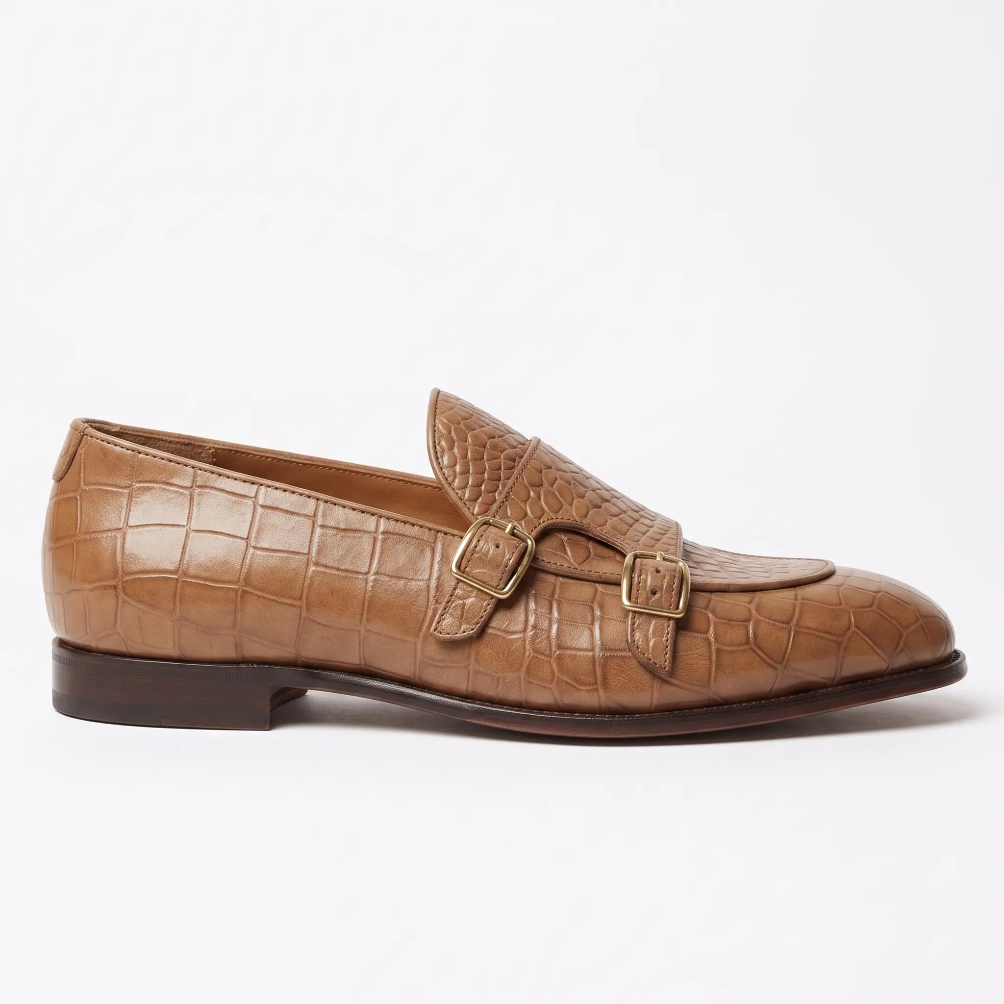 Men's Tan Crocodile-Embossed Leather Double Monk Shoes — Bowman
