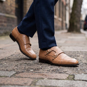 Men's Tan Crocodile-Embossed Leather Double Monk Strap Shoes — Heddon — Heddon