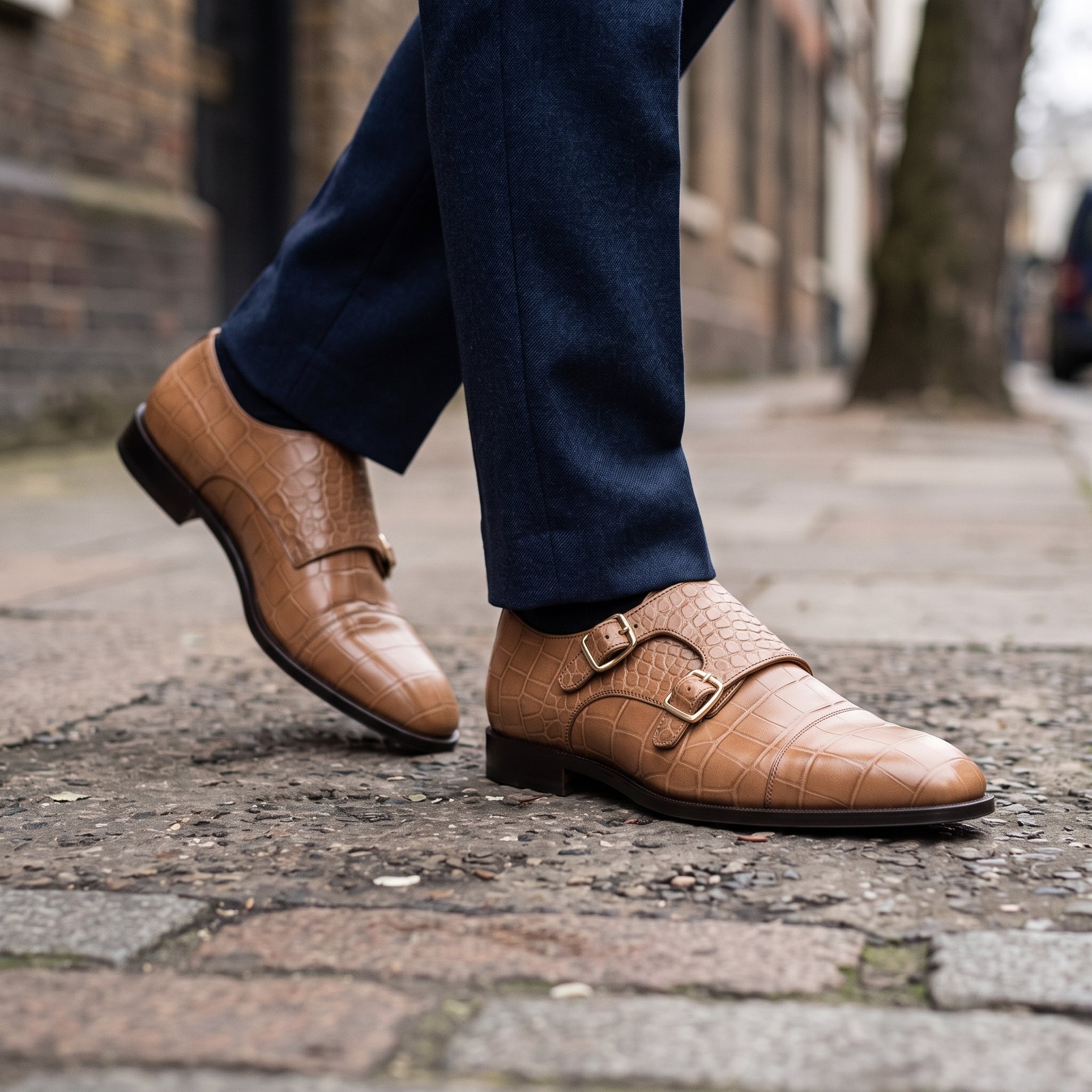 Men's Tan Crocodile-Embossed Leather Double Monk Strap Shoes — Heddon — Heddon
