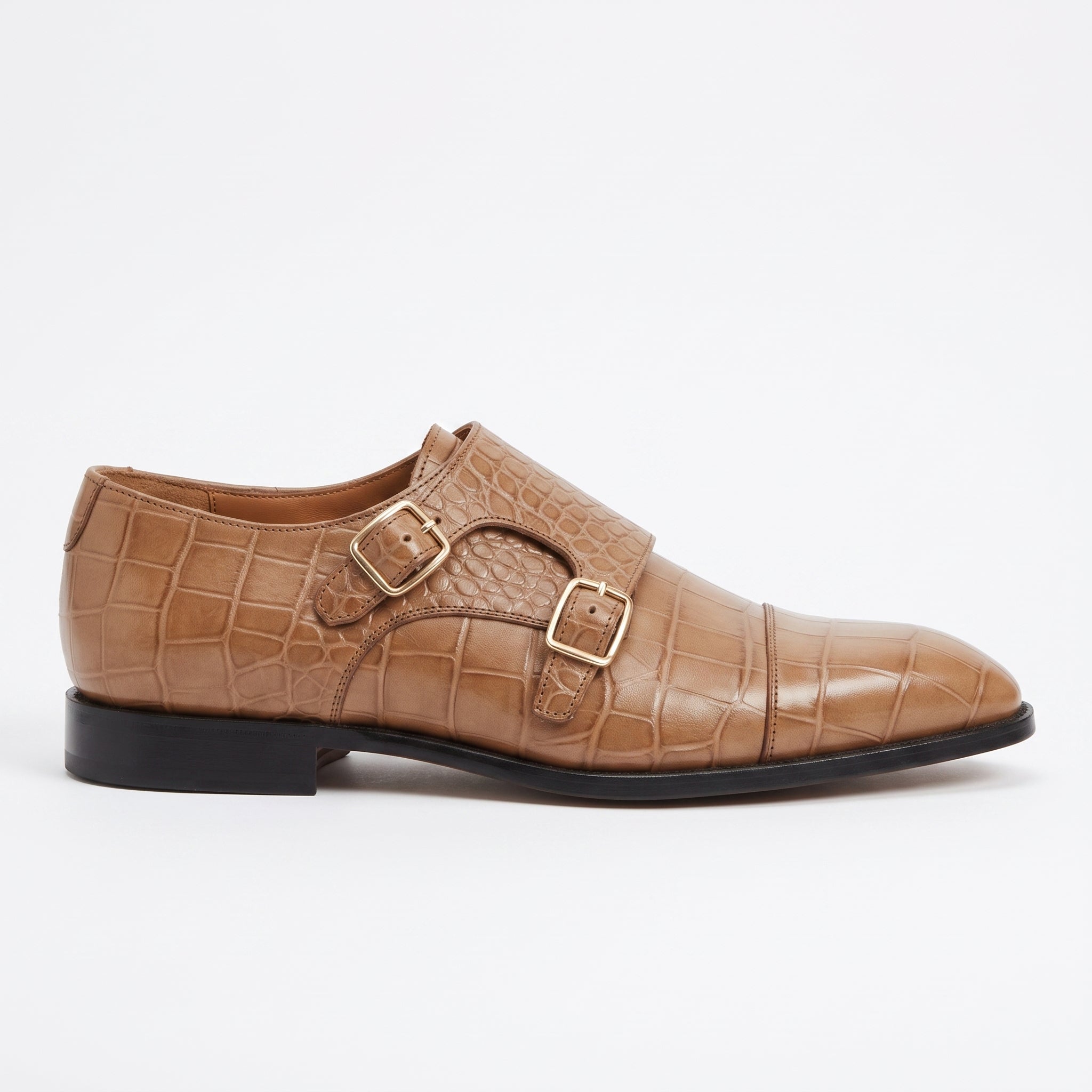 Men's Tan Crocodile-Embossed Leather Double Monk Strap Shoes — Heddon — Heddon