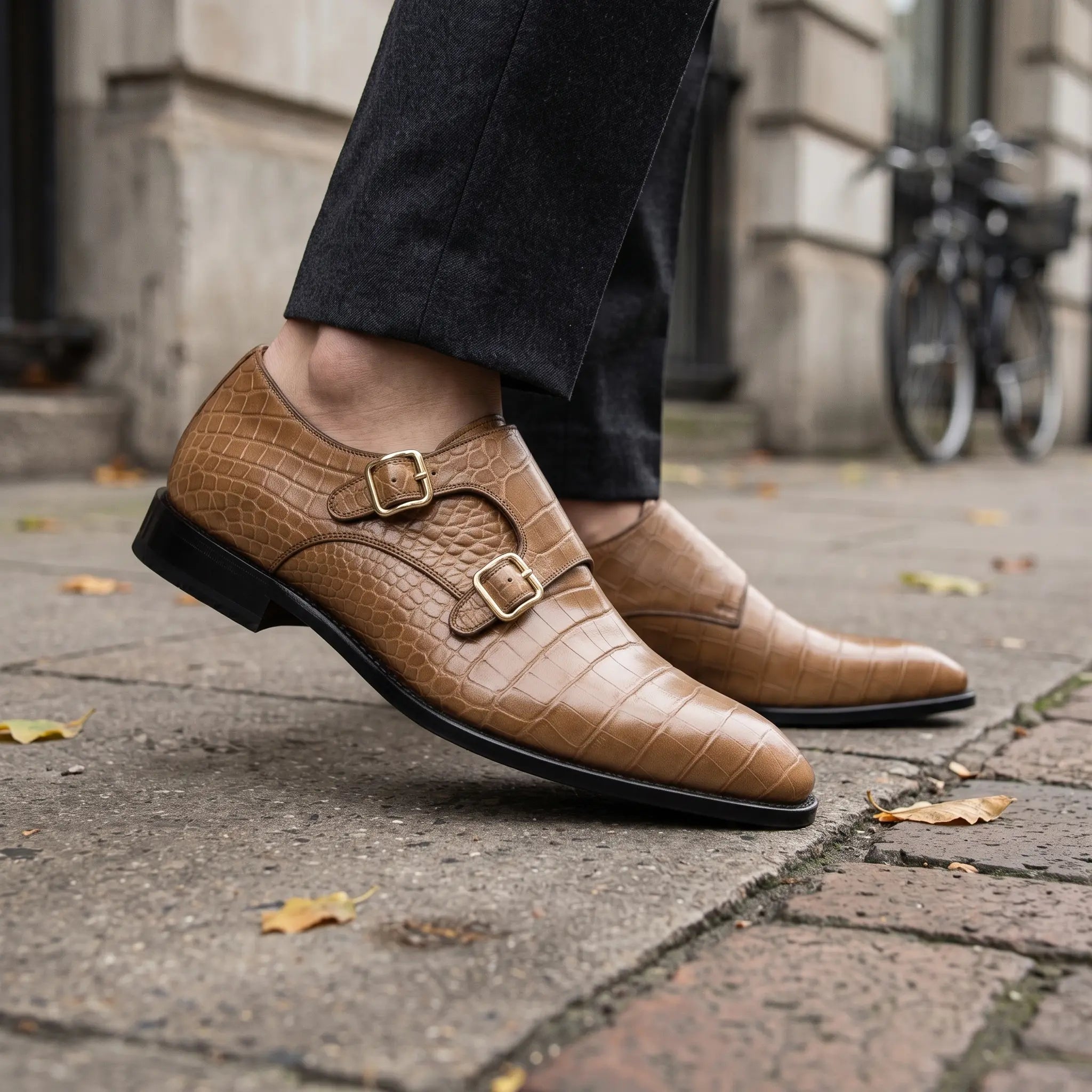 Men's Tan Crocodile-Embossed Leather Double Monk Strap Shoes — Sandys