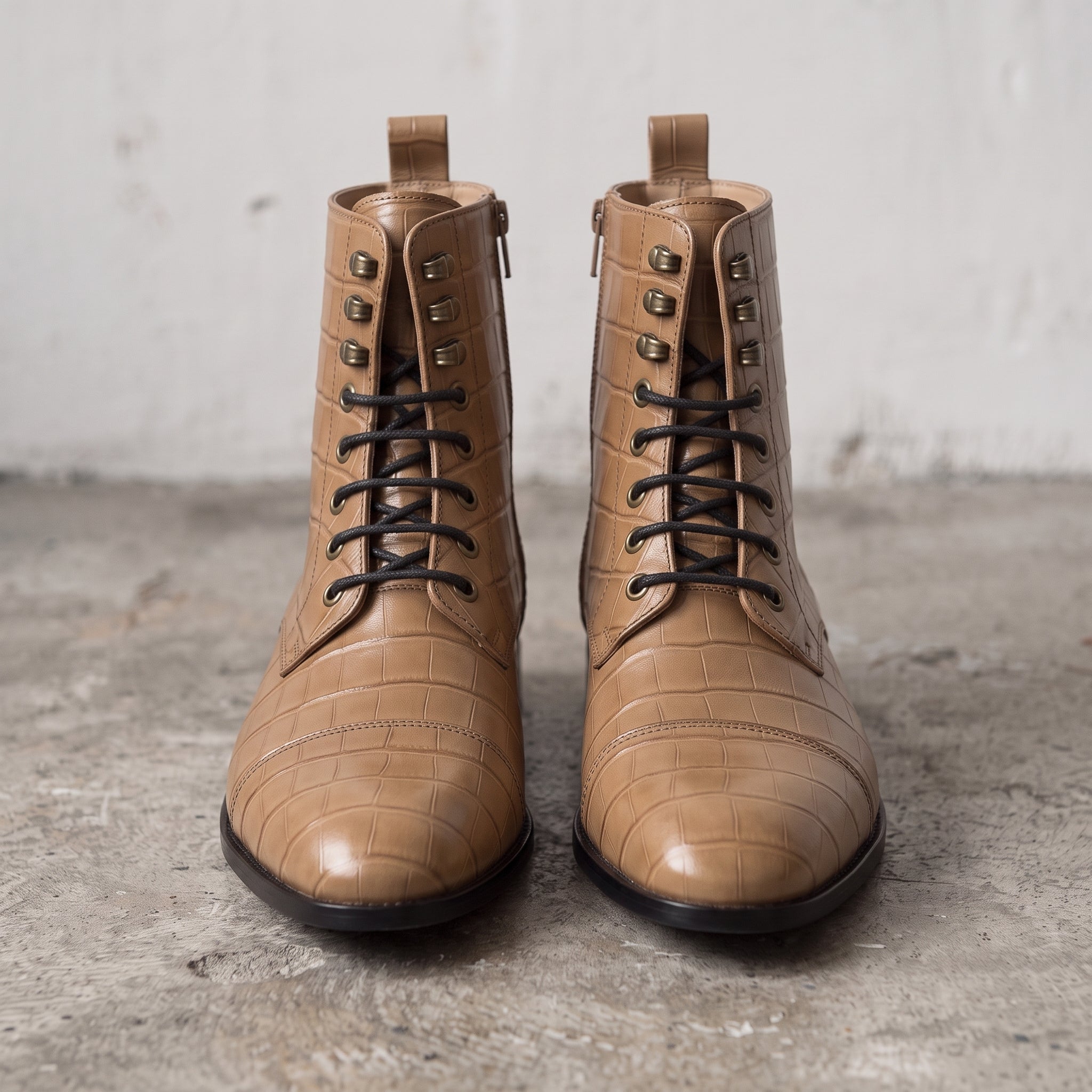 Men's Tan Crocodile-Embossed Leather Lace-Up Boots — Alderton