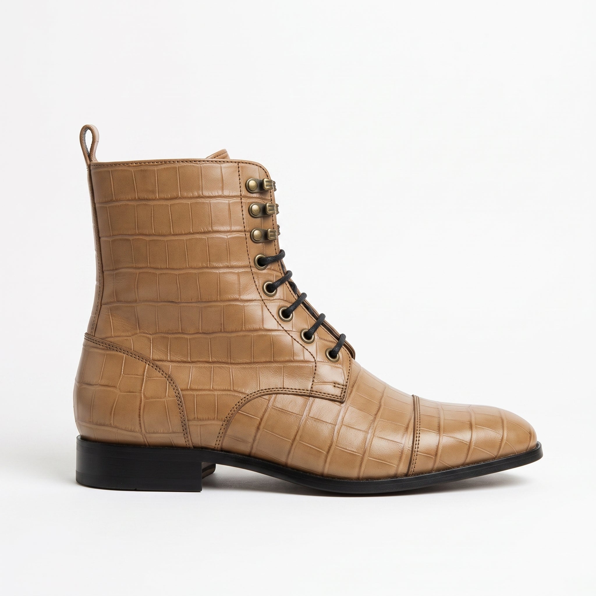 Men's Tan Crocodile-Embossed Leather Lace-Up Boots — Alderton