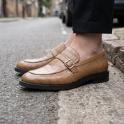 Men's Tan Crocodile-Embossed Leather Monk Strap Loafers — Worthing