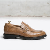 Men's Tan Crocodile-Embossed Leather Monk Strap Loafers — Worthing