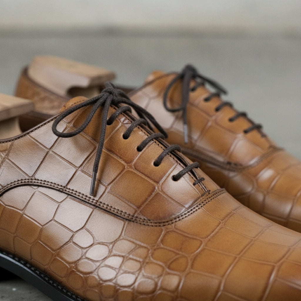 Men's Tan Crocodile-Embossed Leather Oxfords — Nettleton — Nettleton