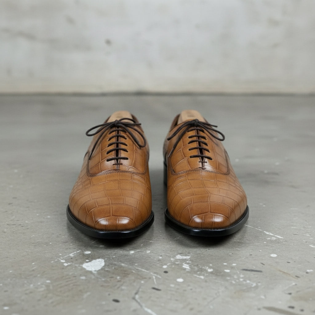 Men's Tan Crocodile-Embossed Leather Oxfords — Nettleton — Nettleton