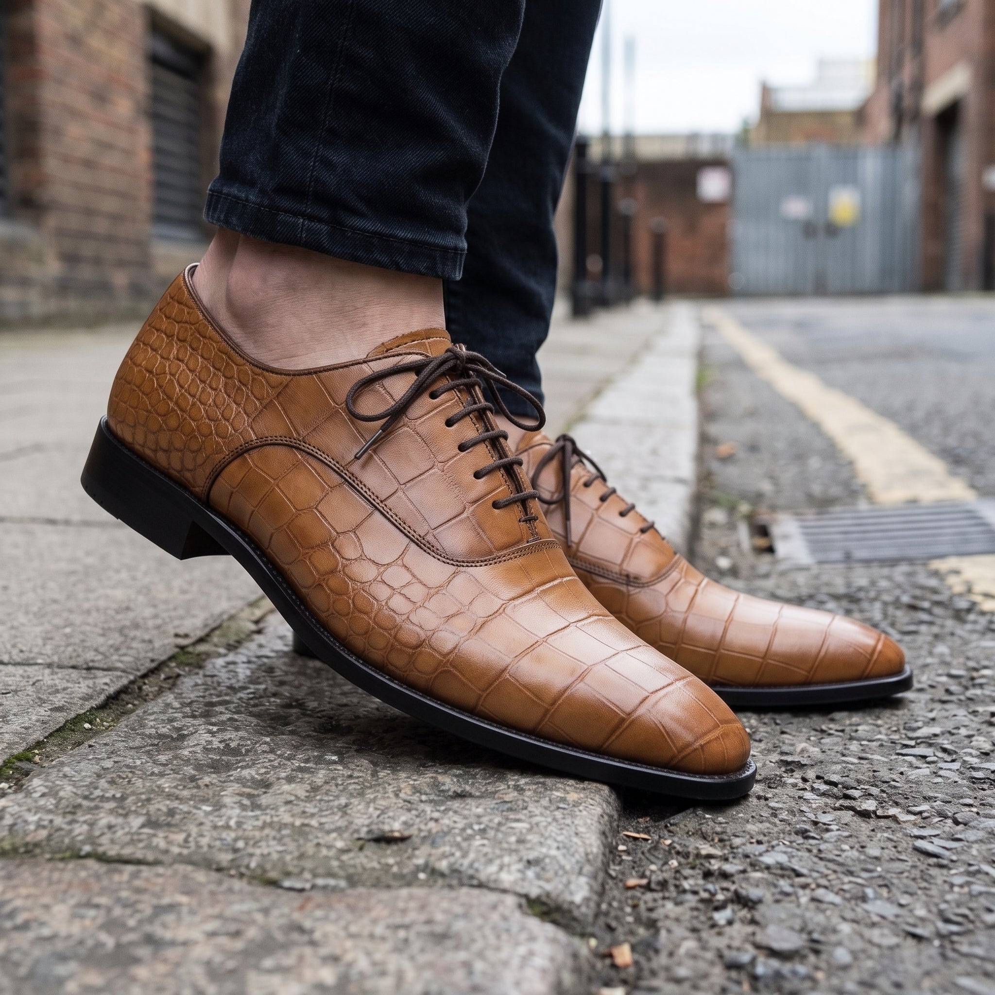Men's Tan Crocodile-Embossed Leather Oxfords — Nettleton — Nettleton