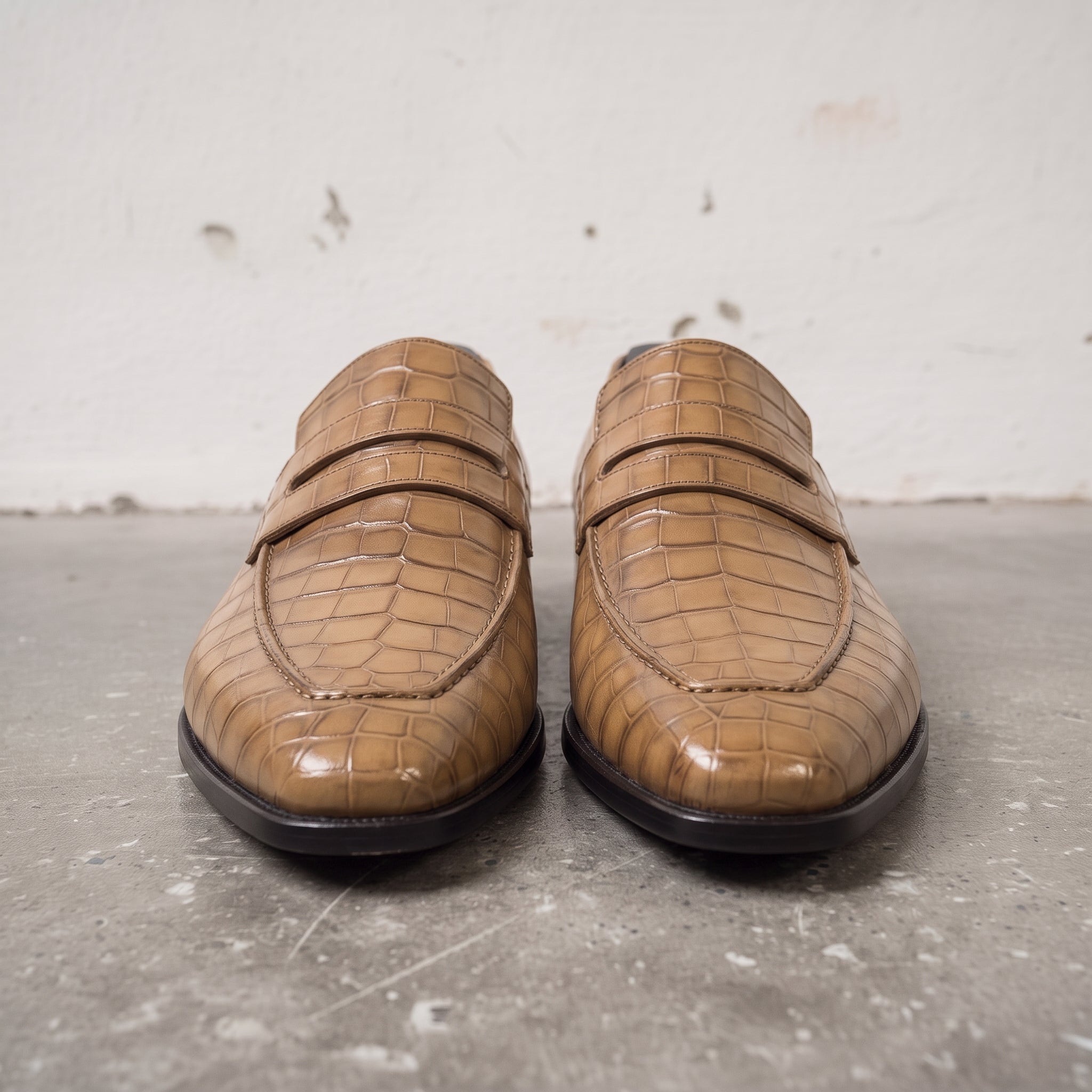 Men's Tan Crocodile-Embossed Leather Penny Loafers — Harcourt