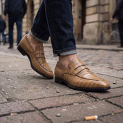 Men's Tan Crocodile-Embossed Leather Penny Loafers — Harcourt