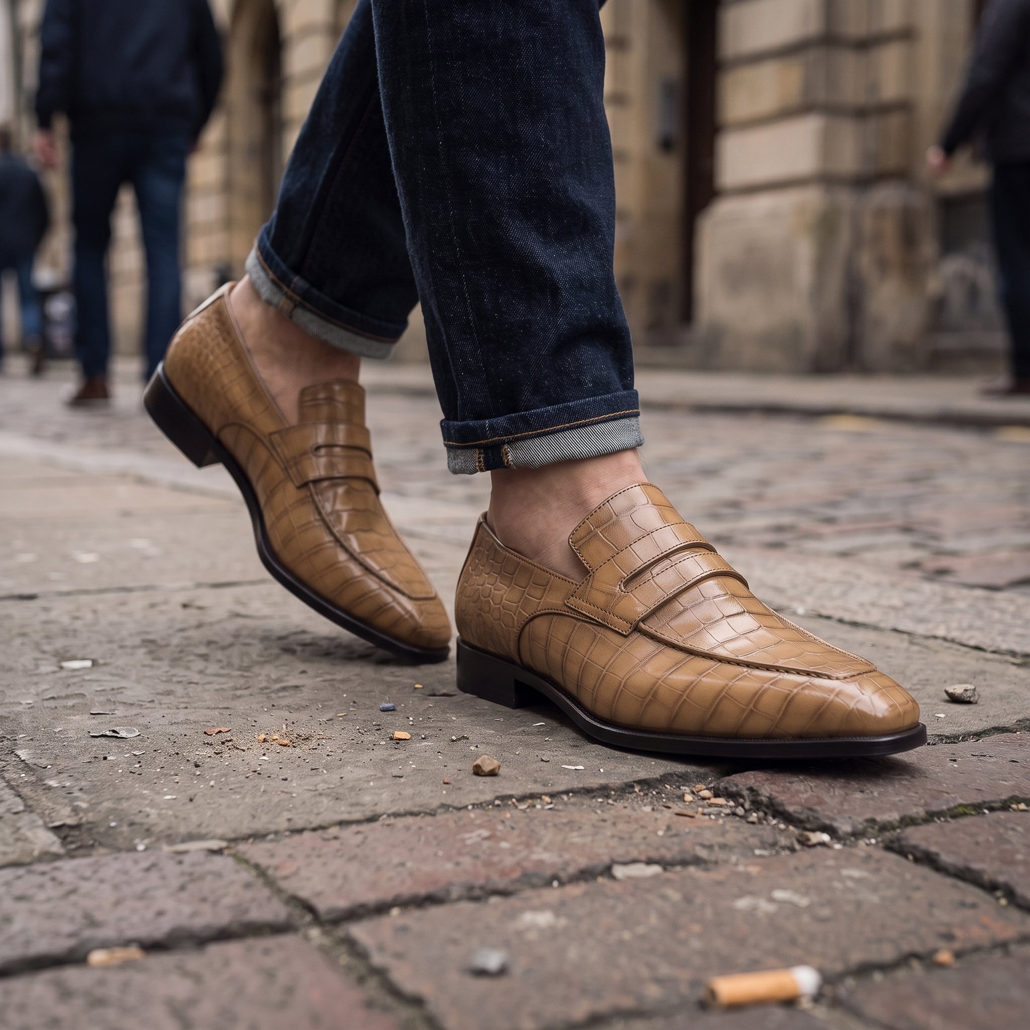 Men's Tan Crocodile-Embossed Leather Penny Loafers — Harcourt