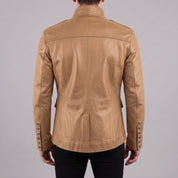 Men's Tan Double-Breasted Leather Military Jacket — Bilney