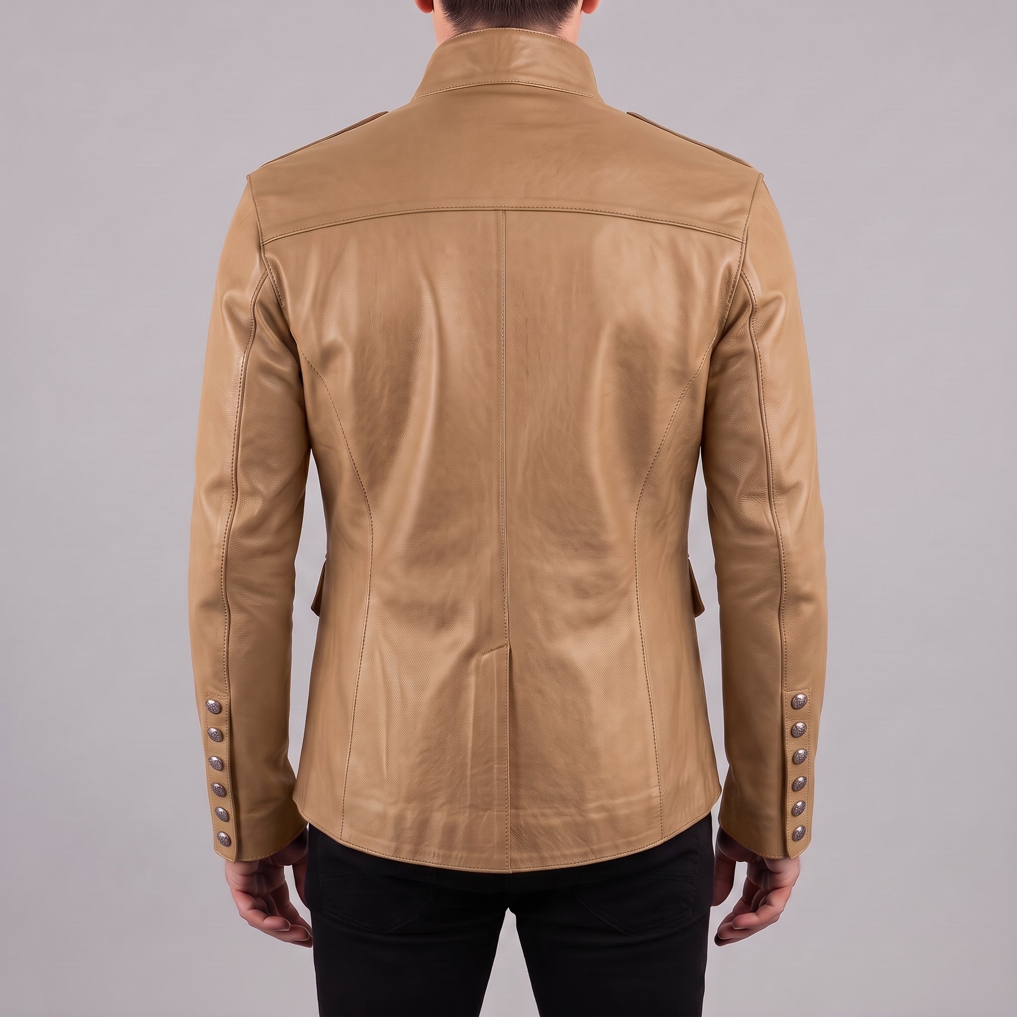 Men's Tan Double-Breasted Leather Military Jacket — Bilney