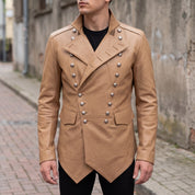 Men's Tan Double-Breasted Leather Military Jacket — Bilney