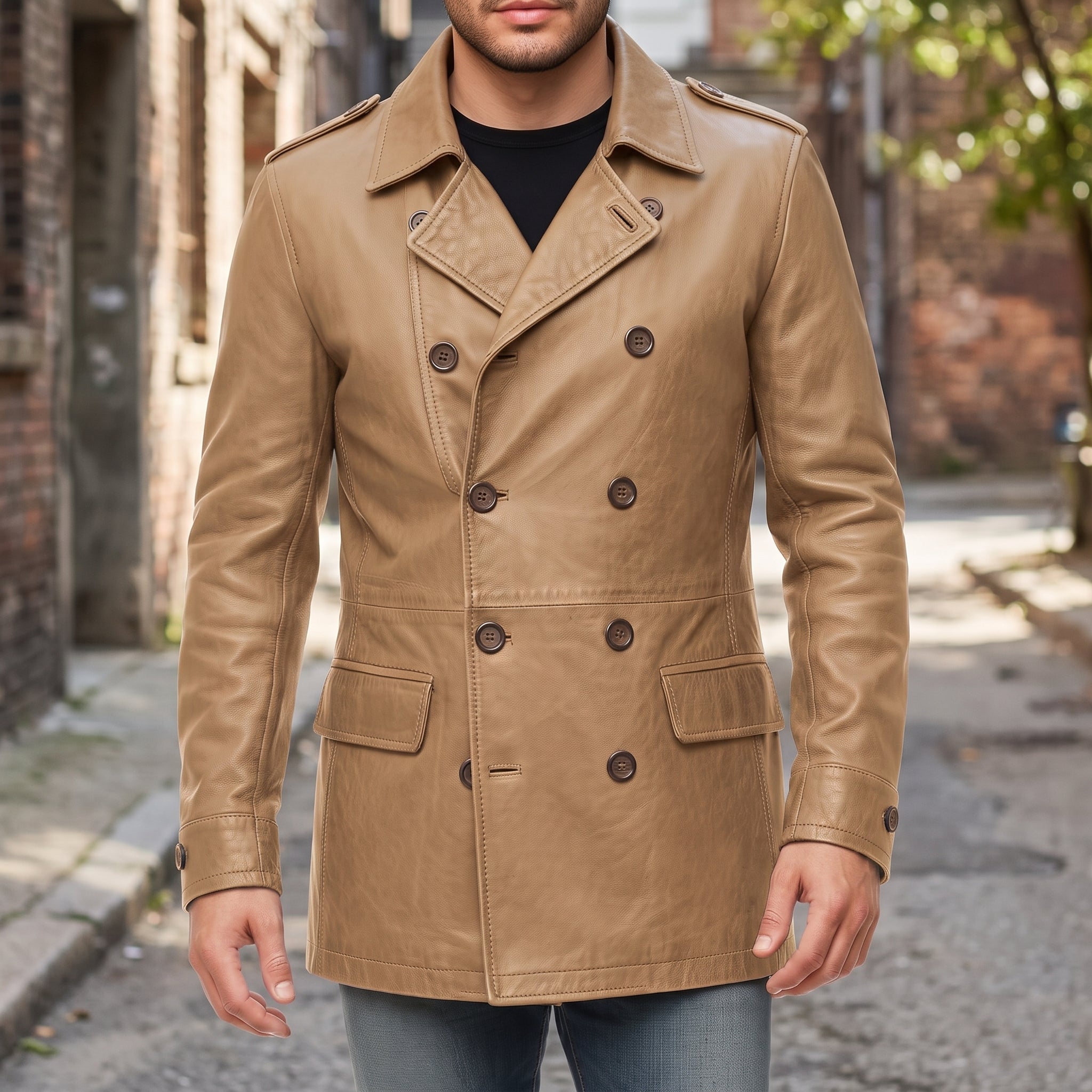 Men's Tan Double-Breasted Leather Pea Coat Jacket — Henley