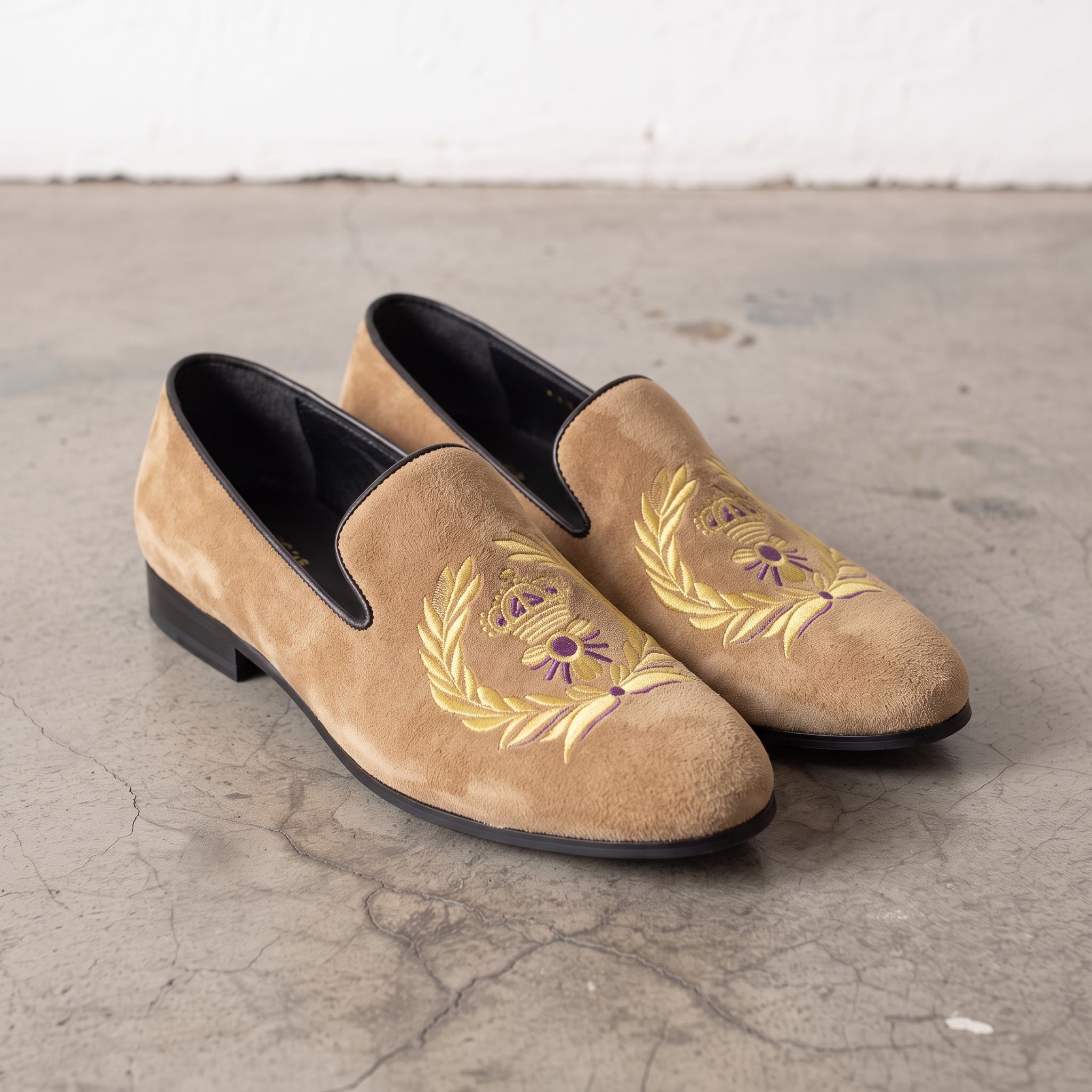 Men's Tan Embroidered Suede Loafers — Alciston