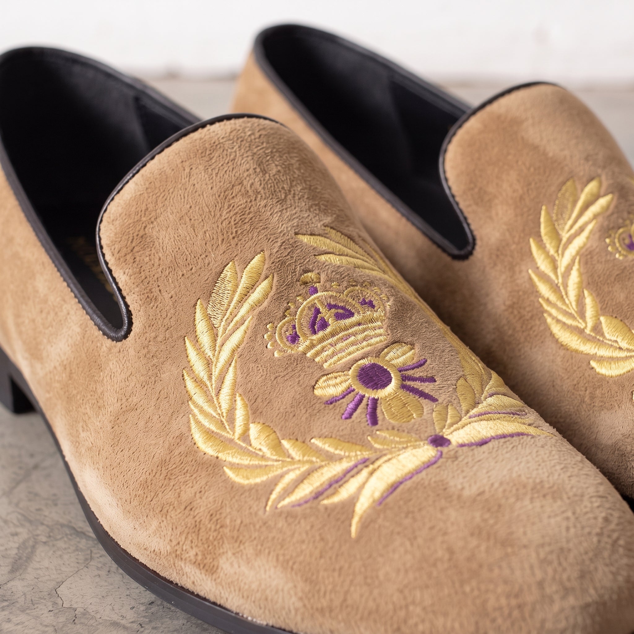 Men's Tan Embroidered Suede Loafers — Alciston