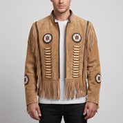 Men's Tan Fringe Beaded Suede Jacket — Cottrell