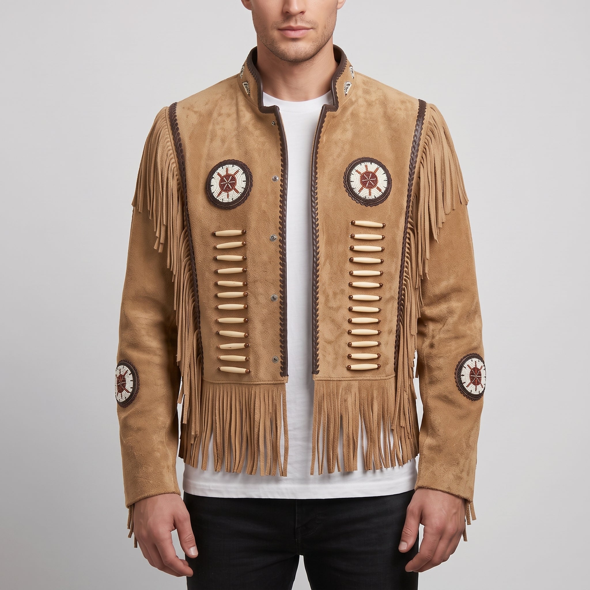 Men's Tan Fringe Beaded Suede Jacket — Cottrell