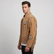 Men's Tan Fringe Beaded Suede Jacket — Cottrell