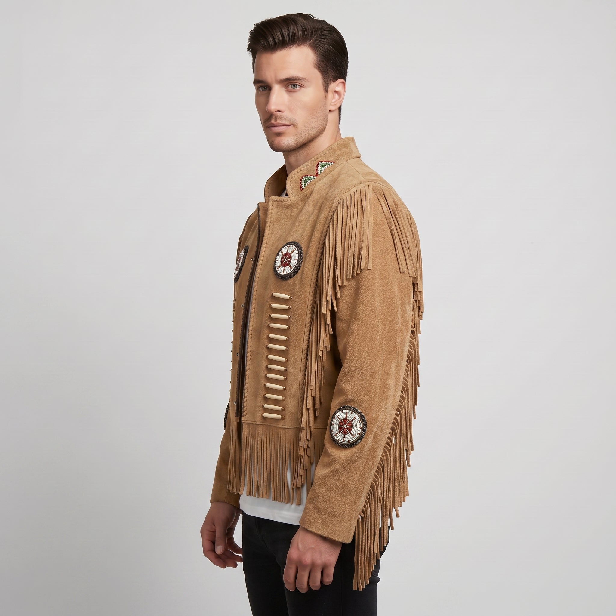 Men's Tan Fringe Beaded Suede Jacket — Cottrell