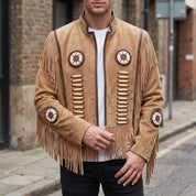 Men's Tan Fringe Beaded Suede Jacket — Cottrell