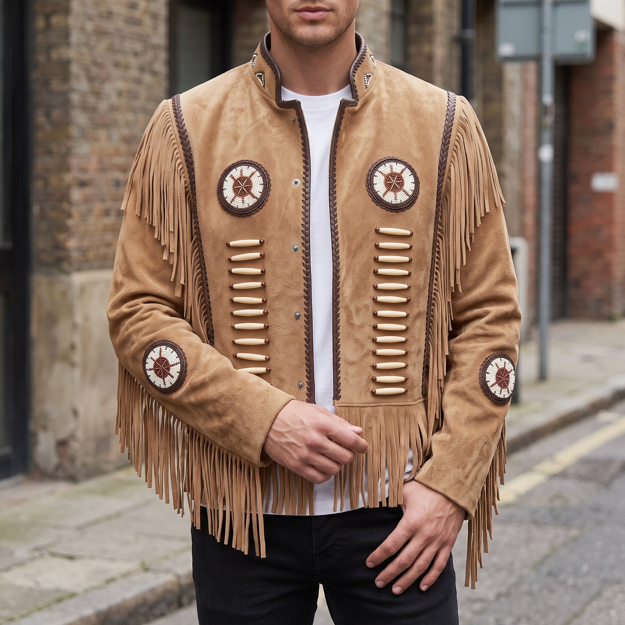 Men's Tan Fringe Beaded Suede Jacket — Cottrell