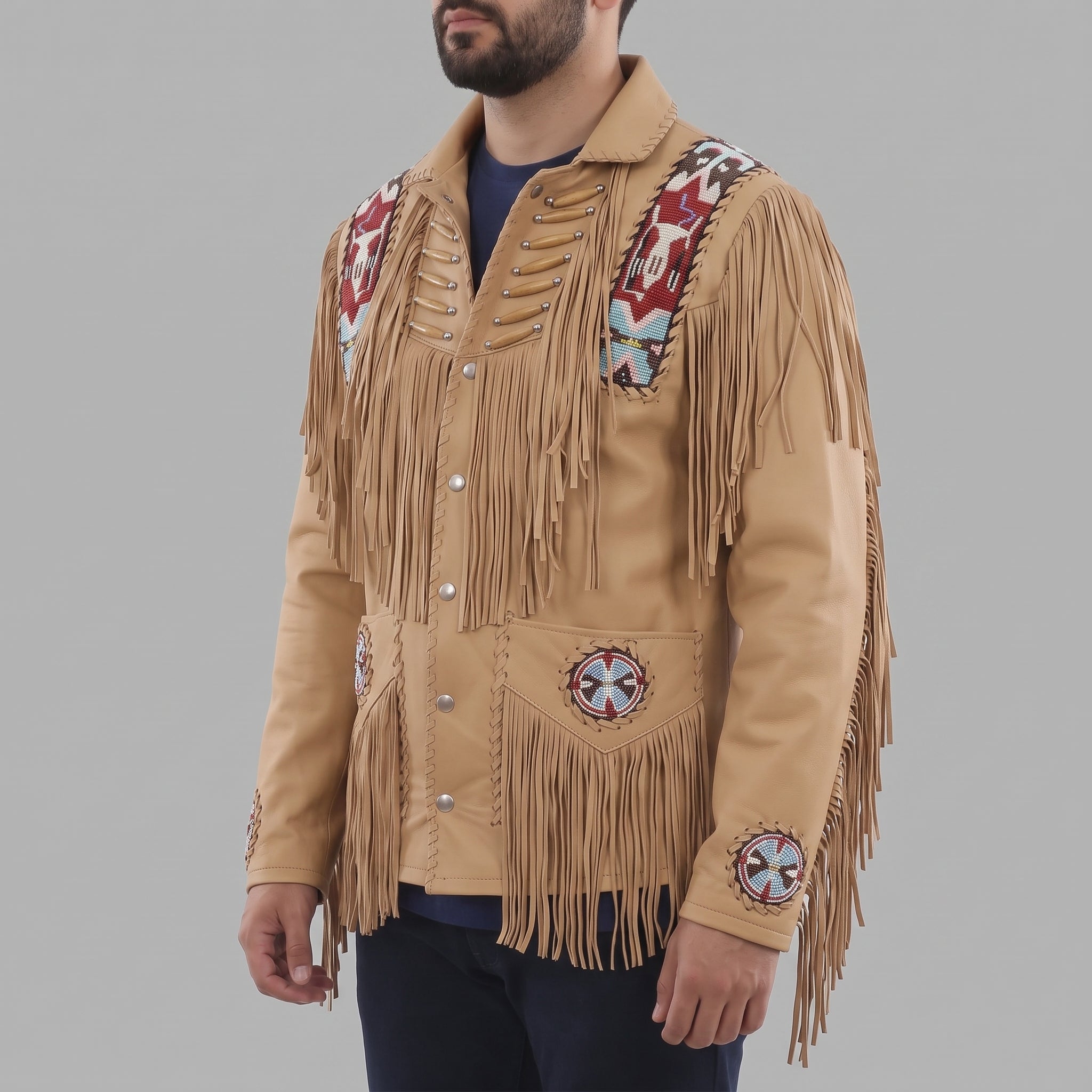 Men's Tan Fringed Leather Western Jacket — Hanford