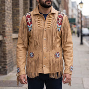 Men's Tan Fringed Leather Western Jacket — Hanford