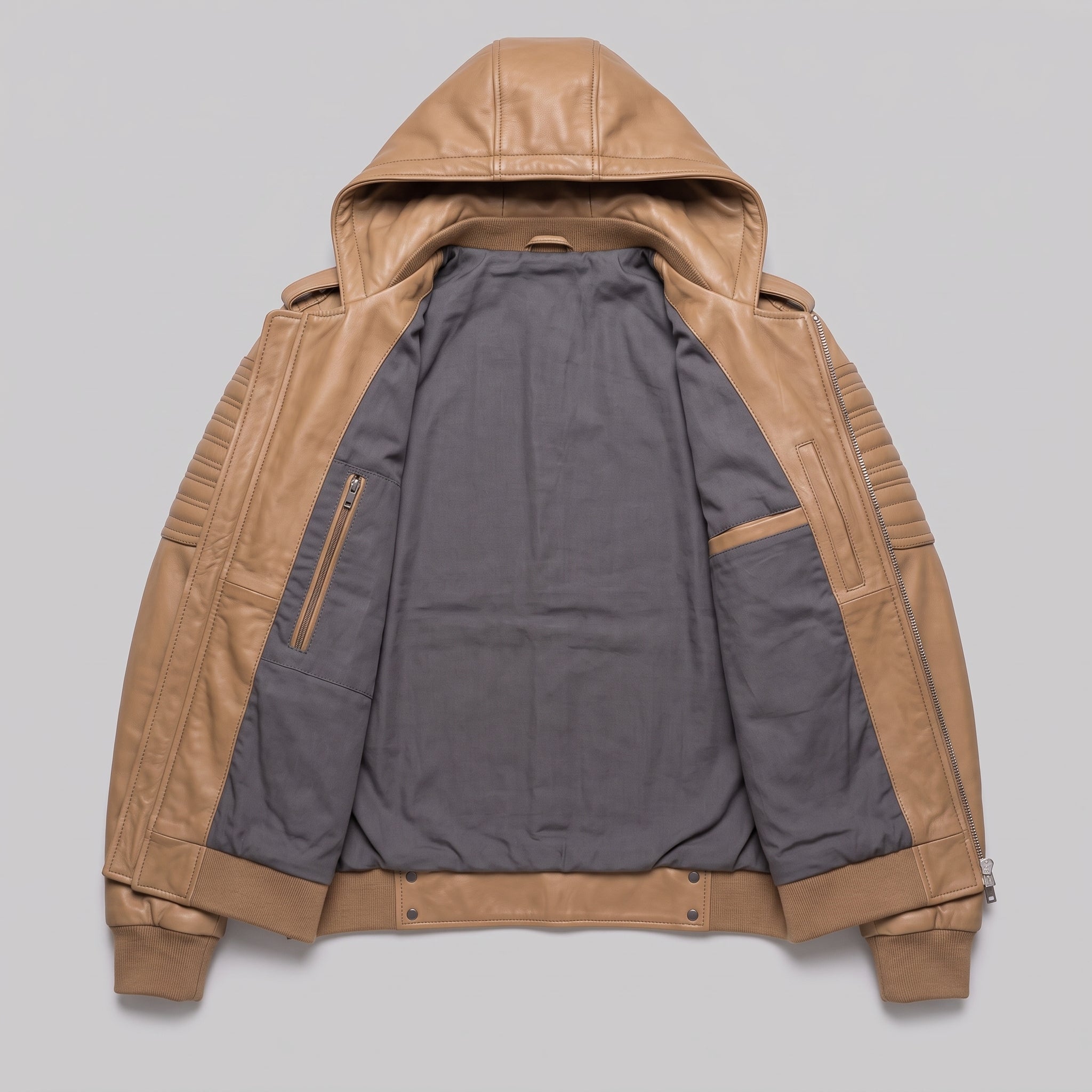 Men's Tan Hooded Quilted Leather Bomber Jacket — Abbercourt