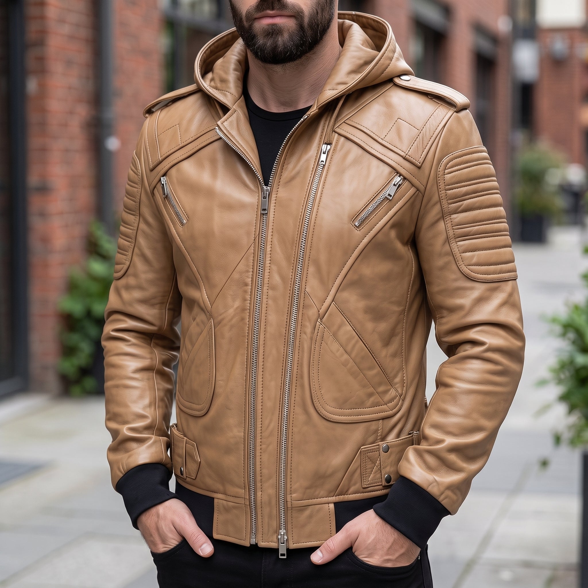 Men's Tan Hooded Quilted Leather Bomber Jacket — Abbercourt
