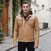 Men's Tan Hooded Leather Biker Jacket — Upton