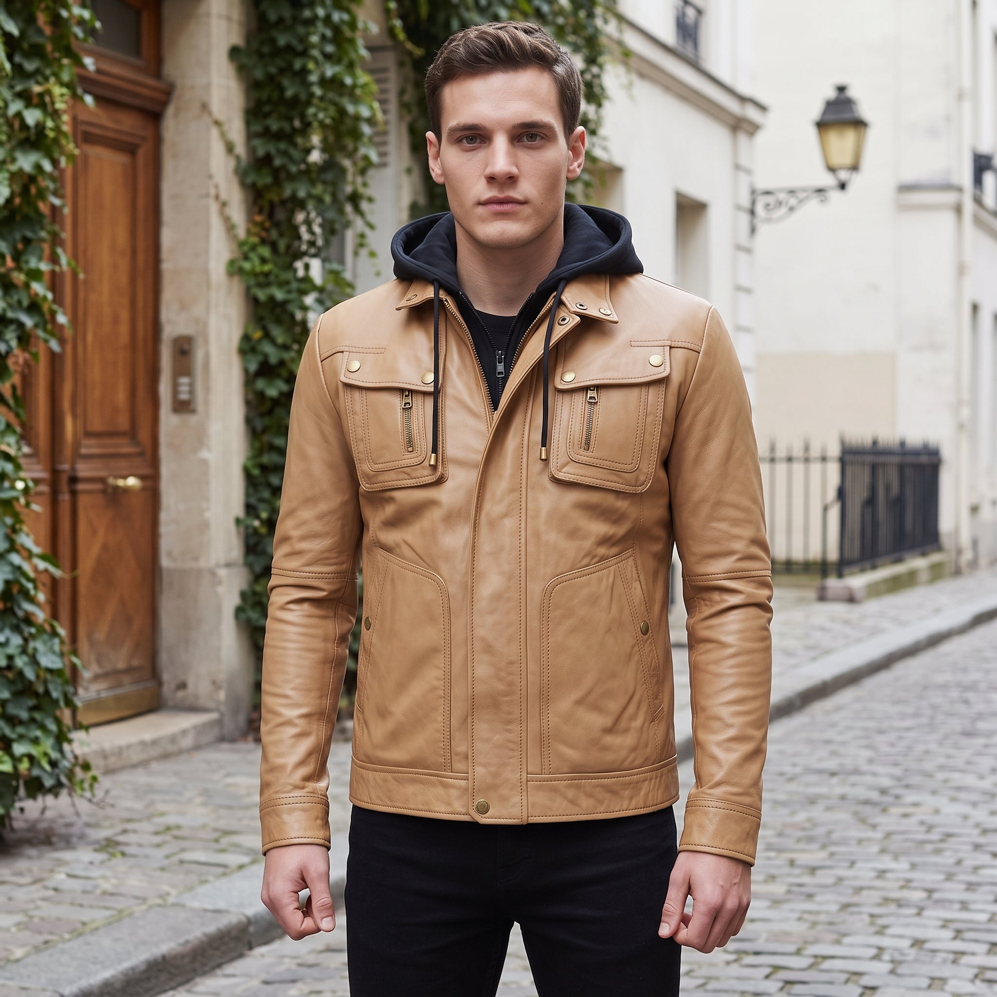 Men's Tan Hooded Leather Biker Jacket — Upton